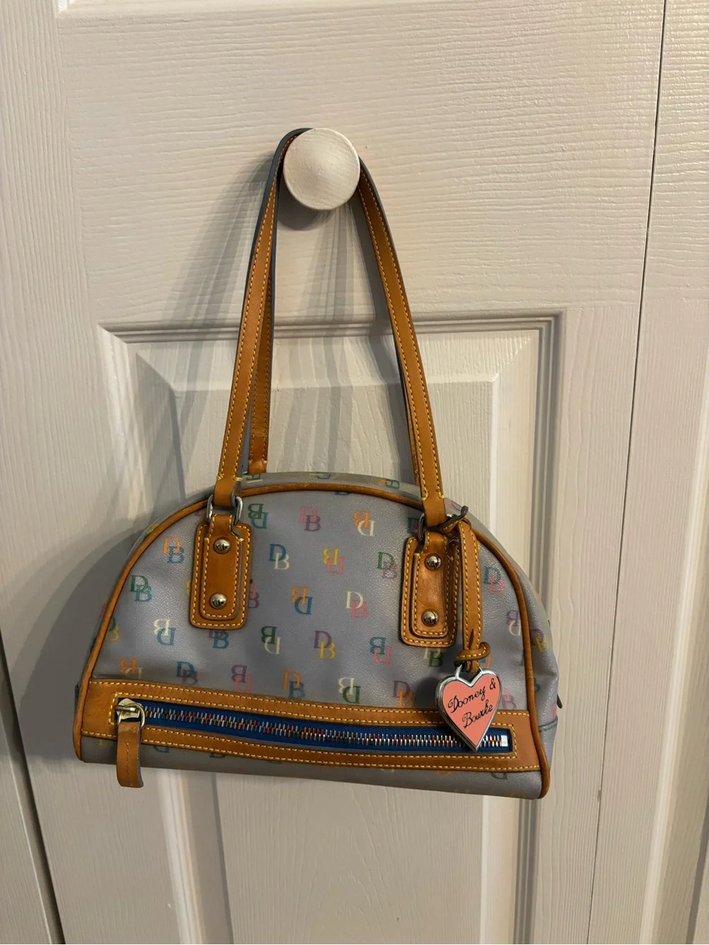 Vintage Y2K “IT” Bag-Dooney & Bourke Multicolor Logo Dome Satchel in Tan Trim